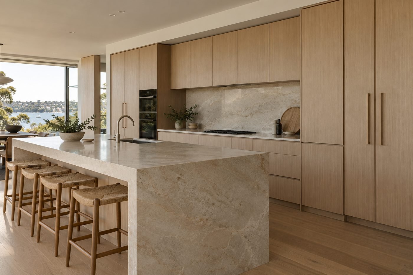 Custom pale oak kitchen cabinetry with aligned doors and a stone island