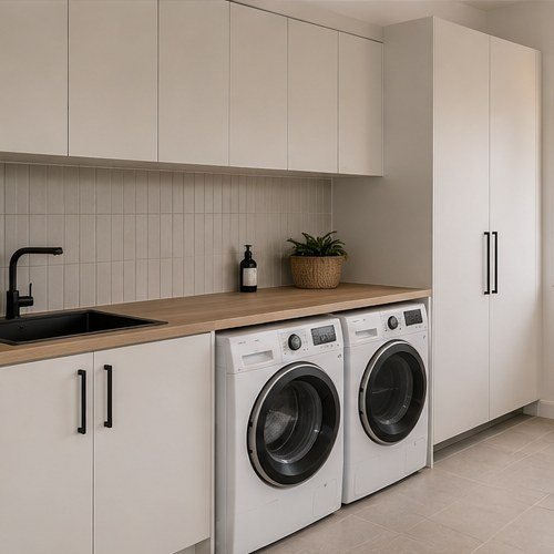 Laundry joinery with stacked washer and dryer, hamper drawers and overhead cupboards